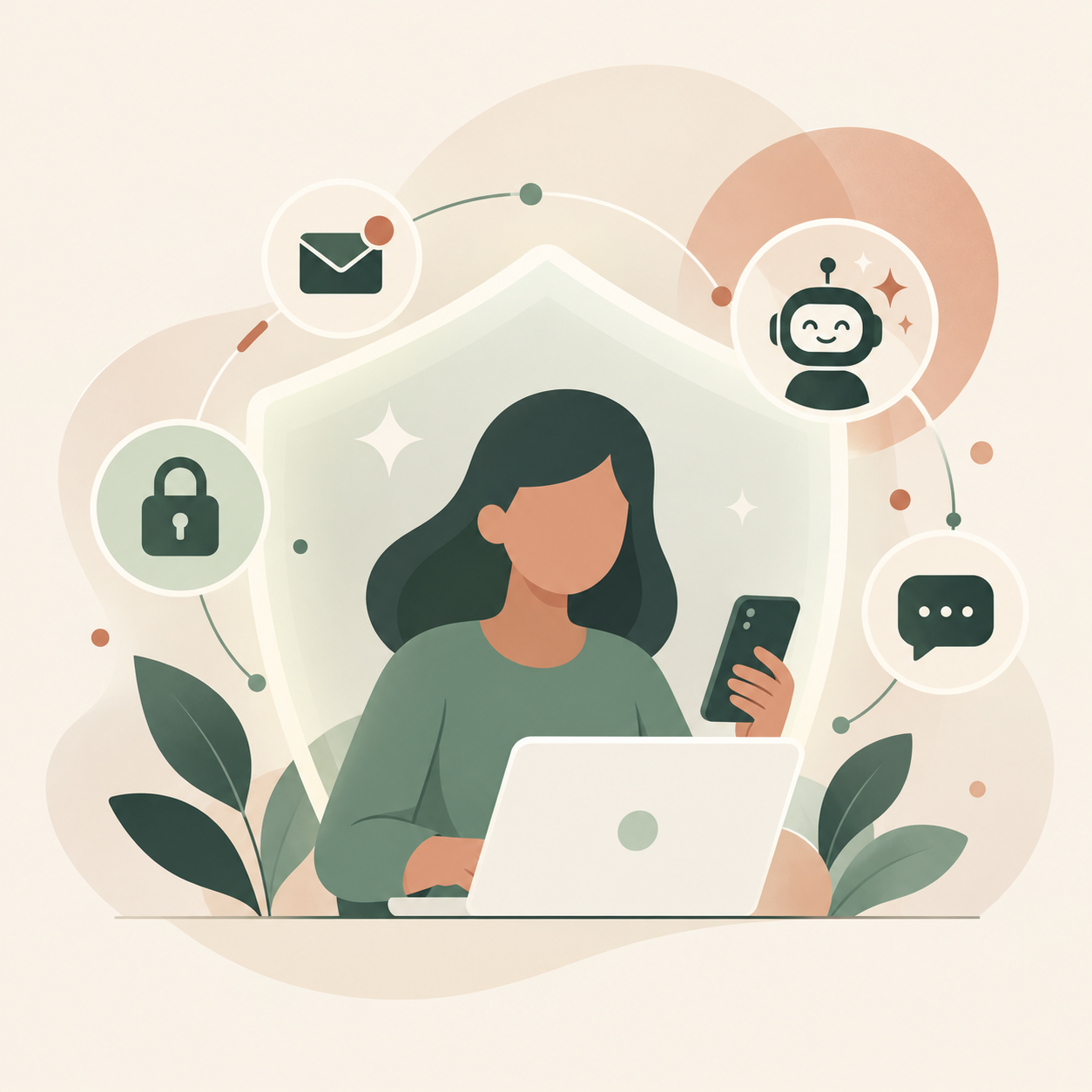 Εικονογράφηση με άτομο σε laptop και smartphone, μέσα σε προστατευτική ασπίδα, με σύμβολα κυβερνοασφάλειας και τεχνητής νοημοσύνης